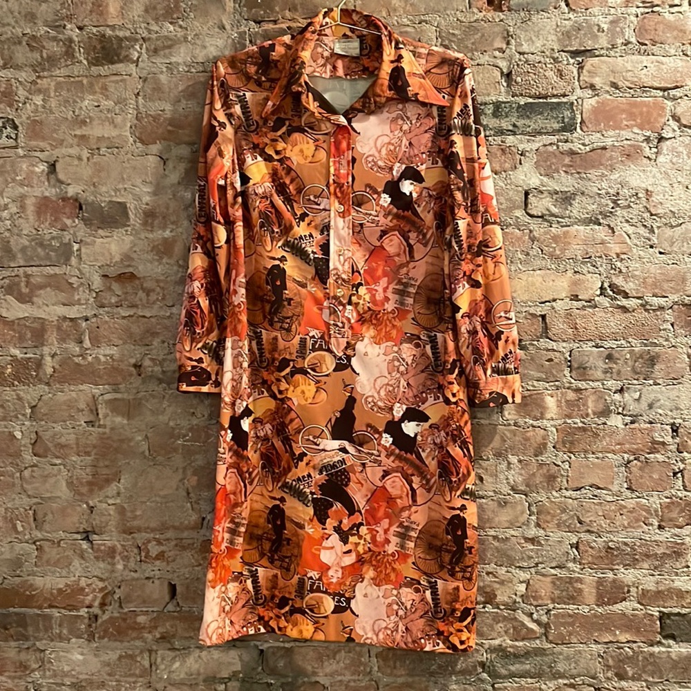 Vintage Orange Collar-Longsleeve Midi Dress